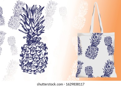 Reusable fabric bag vector: Pineapple blue line vector for fabric stamp design for reuse bag.