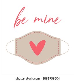 Reusable face mask with heart. Design for Valentine's Day during COVID pandemic. Love, corona virus, social distancing, new reality, Safe Valentine's Day concepts.