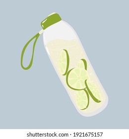 Reusable glass bottle for drink. Sim-ple icon of reusable container for wa-ter. Eco friendly packaging. Zero waste lifestyle concept. Plastic free. Vector illustration in flat cartoon design.