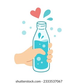 Reusable glass bottle with drops. Hand holds bottle. Sustainable lifestyle, zero waste, ecological concept. Vector illustration in cartoon style. Recycling, waste management, ecology, sustainability.