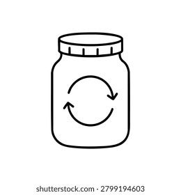 Reusable glass jar with circular arrows, reusable glass jar icon for zero waste storage, refill habit and sustainable container use
