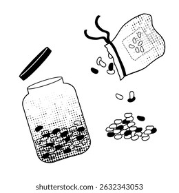 Frasco de vidro reutilizável e saco de pano derramando feijão seco, arte de linha preta e branca para viver eco-friendly