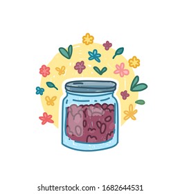 Reusable glass jar icon in cartoon doodle style. Zero waste life concept. Hand drawn sticler jar for shopping with nature organic flower decoration. No plastic style. Vector.