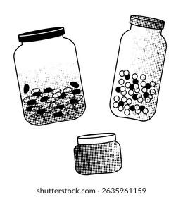 Reusable glass jars with lids , black and white line art for eco-friendly living