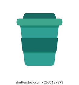 Reusable green coffee cup with dark lid and sleeve in flat style on white background illustration