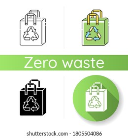 Reusable grocery bag icon. Linear black and RGB color styles. Zero waste, sustainable lifestyle. Eco friendly, plastic free shopping bag with recycling sign Isolated vector illustrations