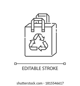 Reusable grocery bag linear icon. Zero waste, sustainable lifestyle thin line customizable illustration. Contour symbol. Plastic free shopping bag vector isolated outline drawing. Editable stroke