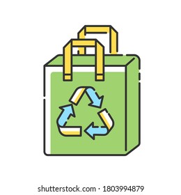 Reusable grocery bag RGB color icon. Zero waste, sustainable lifestyle. Eco friendly, plastic free shopping bag with recycling sign isolated vector illustration
