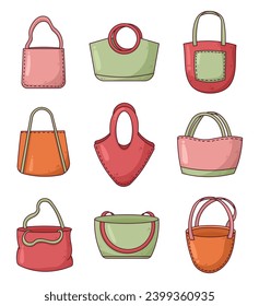 Reusable grocery bag. Shopping handbag. Zero waste. Hand drawn style. Vector drawing. Collection of design elements.