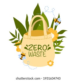 Reusable grocery bag vector illustration. Zero waste and no plastic shopping. Eco friendly shopping concept. Tropical leaves, flowers and bees on the background