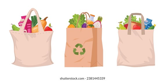 Reusable grocery bags. Cartoon eco shopping bags, zero waste bags with vegetables and fruits flat vector illustration set. No waste textile shopping bags