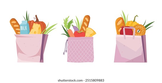 Sacos de supermercado reutilizáveis. Cartoon eco sacolas de compras, sacos de desperdício zero com vegetais e frutas conjunto de ilustração vetor plano. Sem sacos de compras têxteis de resíduos sobre fundo branco