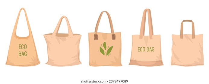 Reusable grocery bags. Eco shopping bags, empty zero waste textile bags flat vector illustration set. Zero waste shopping bags