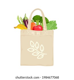 Reusable Grocery Eco Bag With Fruit And Vegetables Isolated From White Background. Zero Waste Concept. Vector Illustration In Cartoon Flat Style. Healthy Organic Food Icon.