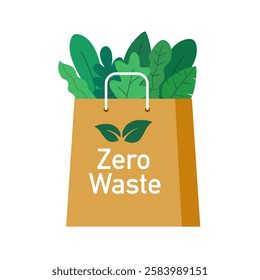 Reusable grocery eco bag with plant or vegetables in flat design on white background. Zero Waste concept. Say no to plastic.