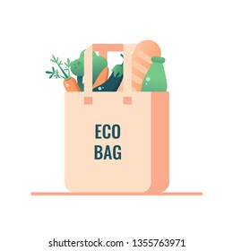 Reusable grocery eco bag with vegan food isolated from white background. Zero Waste (Say no to plastic) concept. Vector