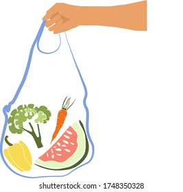 Reusable grocery eco bag with vegetables hands hold Zero Waste ecology vector shopping