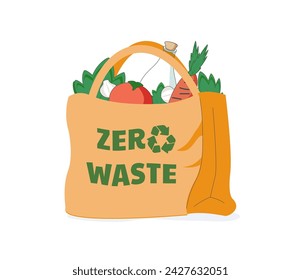 Reusable grocery eco bag with vegetables isolated from white background. Zero Waste (Say no to plastic) and food concept. Hand drawn elements of zero waste life in vector. Eco style. No plastic