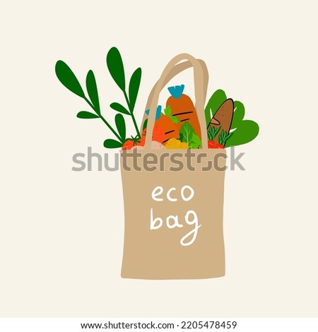 Reusable grocery eco bag with vegetables isolated from white background. Zero Waste (Say no to plastic) and food concept. Vector