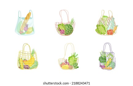 Reusable grocery eco bags with organic vegetables and grocery products set. Zero waste concept vector illustration