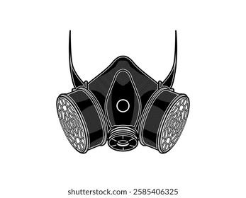 Reusable half-mask respirator illustration design, respiratory protection equipment from airborne contaminants or chemical exposure, industrial work, black and white style realistic vector