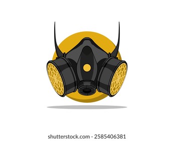 Reusable half-mask respirator illustration design, respiratory protection from airborne contaminants or chemical exposure, industrial work, black outline realistic vector on circle background