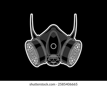 Reusable half-mask respirator illustration design, respiratory protection equipment from airborne contaminants or chemical exposure, industrial work, black and white sticker style realistic vector