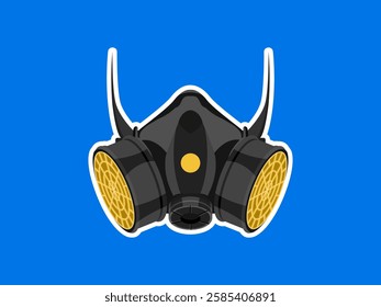 Reusable half-mask respirator illustration design, respiratory protection equipment from airborne contaminants or chemical exposure, industrial work, realistic vector sticker style on blue background