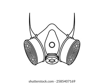 Reusable half-mask respirator illustration design, respiratory protection equipment from airborne contaminants or chemical exposure, industrial work, realistic vector with black outline only