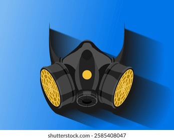 Reusable half-mask respirator illustration design, respiratory protection from airborne contaminants or chemical exposure, industrial work, realistic vector with shadow on gradient blue background