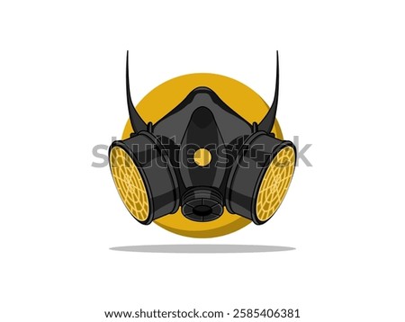 Reusable half-mask respirator illustration design, respiratory protection from airborne contaminants or chemical exposure, industrial work, black outline realistic vector on circle background