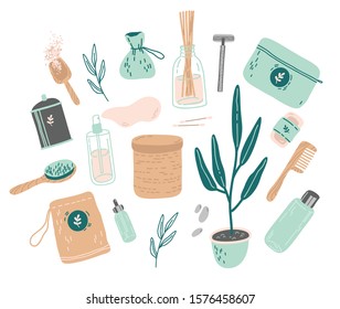 Reusable hygiene products isolated on white background. Vector hand drawn illustration. Wooden hairbrush, oil air freshener, scrub, cosmetic spoon, metal razor, cosmetic bag, head cotton buds.