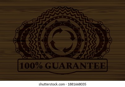 reusable icon and 100% Guarantee text wooden realistic badge. Brown luxurious background. Intense illustration. 