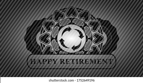 reusable icon and Happy Retirement text carbon fiber dark badge. Polymer texture exquisite background. Vector illustration. 