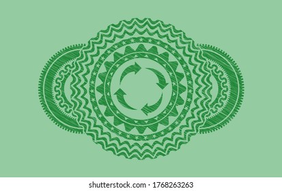 reusable icon inside Green stroke realistic emblem. Eco fancy background. Intense illustration. 