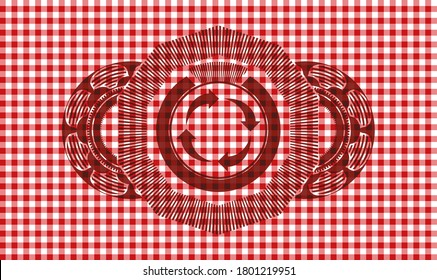 reusable icon inside red checkered tablecloth badge. Restaurant fancy background. Vector illustration. 