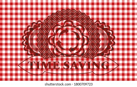 reusable icon and Time Saving text red checkered tablecloth realistic badge. Restaurant classic background. Vector illustration. 