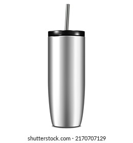 Reusable Insulated Steel Tumbler Cup With Black Lid And Metal Drinking Straw Realistic Vector Mock-up. Travel Thermo Mug Mockup