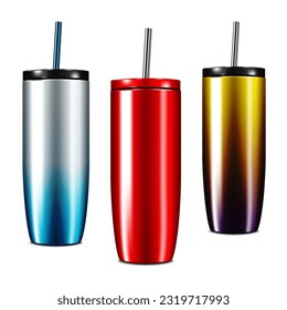 Reusable insulated steel tumbler cup with lid and metal drinking straw. Travel thermo mug. Easy editable realistic vector illustration