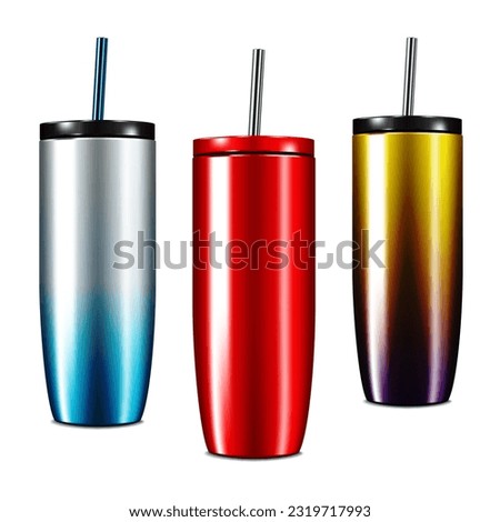 Reusable insulated steel tumbler cup with lid and metal drinking straw. Travel thermo mug. Easy editable realistic vector illustration