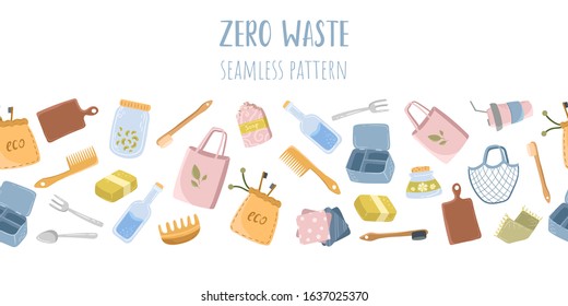 Reusable items, environmental care seamless pattern, frame on a white background. Doodle illustration, zero waste.