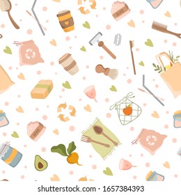 Reusable items, zero waste lifestyle, environmentally friendly products. Seamless pattern