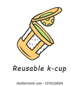 Reusable k-cup color icon. Zero waste swap. Eco friendly, recycling plastic coffee, tea cup. Single serve brewing pod. Hot beverages container. Biodegradable material. Isolated vector illustration