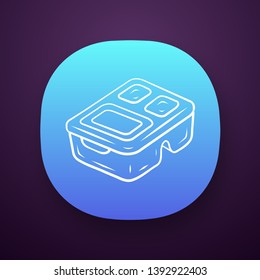 Reusable lunch box app icon. Eco friendly, recycle, disposal material. Food storage container. Plastic food packaging. UI/UX user interface. Web or mobile application. Vector isolated illustration