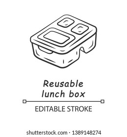 Reusable lunch box linear icon. Eco friendly material. Food storage container. Plastic food packaging. Thin line illustration. Contour symbol. Vector isolated outline drawing. Editable stroke
