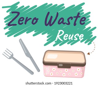 Reusable lunchboxe and cutlery, food container with text. Pack your launch in reusable packaging. Eco-friendly container, zero waste concept vector illustration. Element of pollution problems