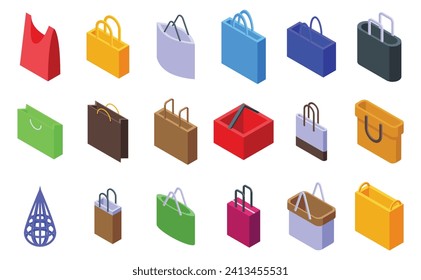 Reusable market shopper icons set isometric vector. Tote bag. Paper eco