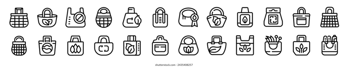 Reusable market shopper icons set outline vector. Tote bag fabric. Eco cloth sack