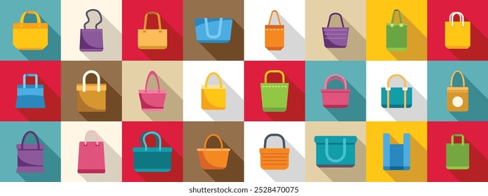 Wiederverwendbare Marktsymbole. Farbenfrohe Tote Tasche Symbole im flachen Stil mit langem Schatten für Web-Design