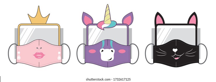 Reusable mask with plastic safety glasses with mouth of princess, unicorn and cat design in vector